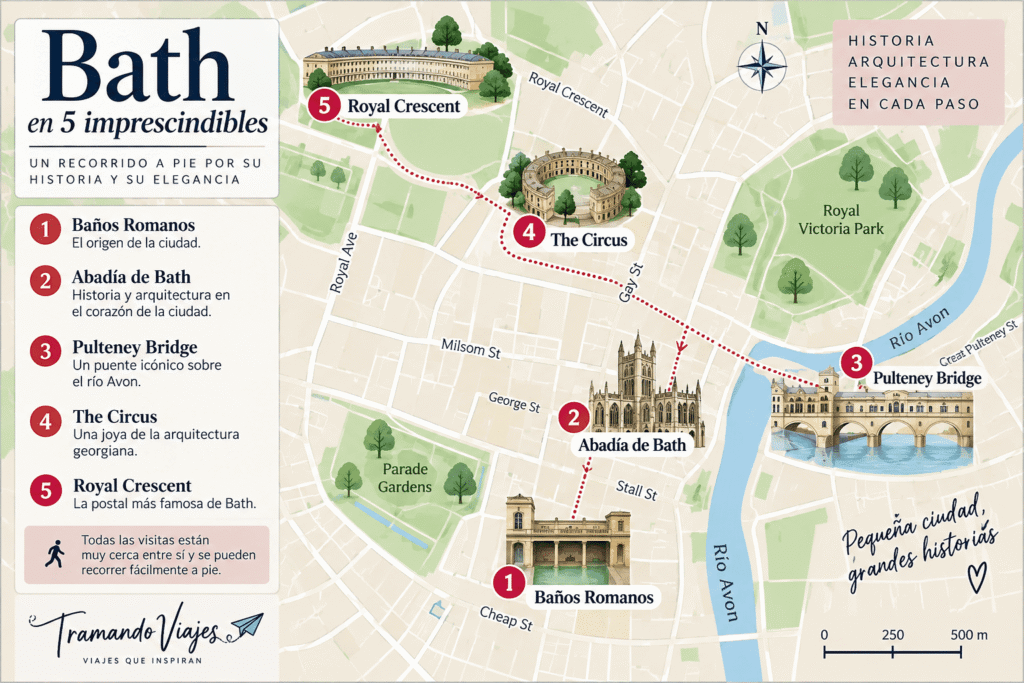 Mapa de Bath con los 5 lugares imprescindibles que ver