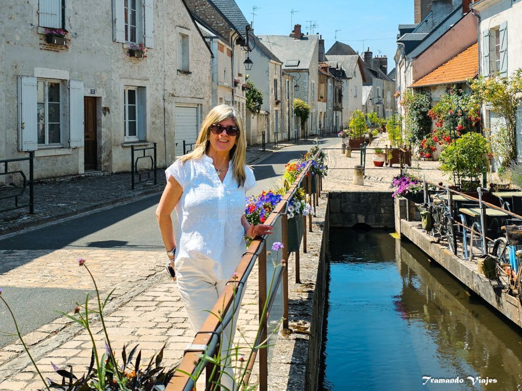 Calle medieval de Beaugency junto a un canal en el Valle del Loira