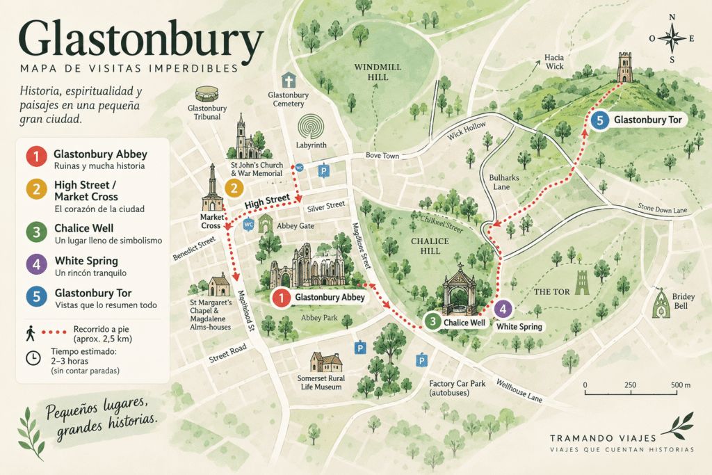 Mapa con los principales lugares que ver en Glastonbury